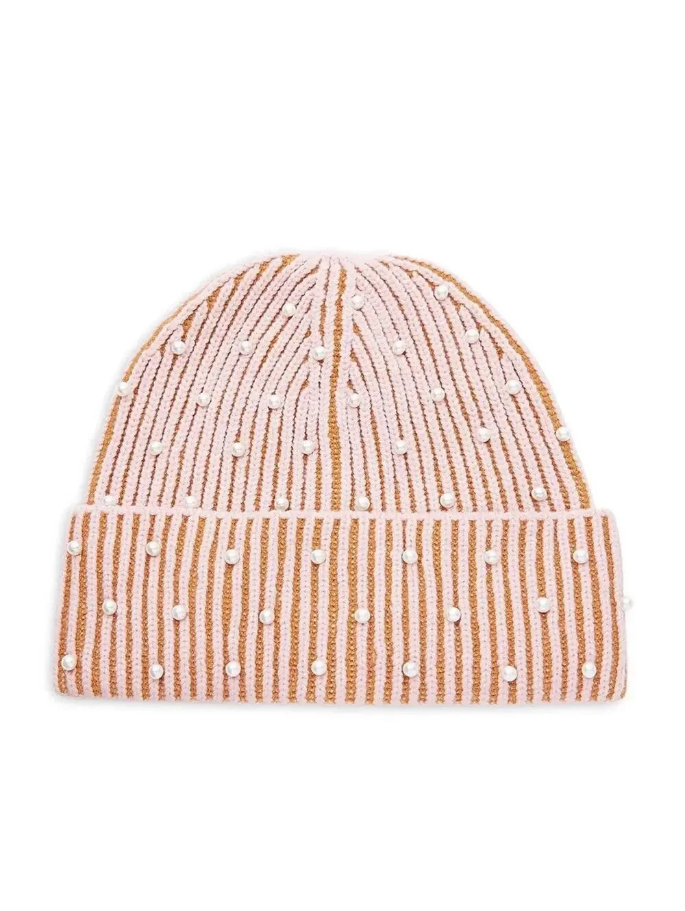 Lele Sadoughi Embellished Stripe Ribbed Beanie SATURDAY STRIPE Hat Pearls Pink